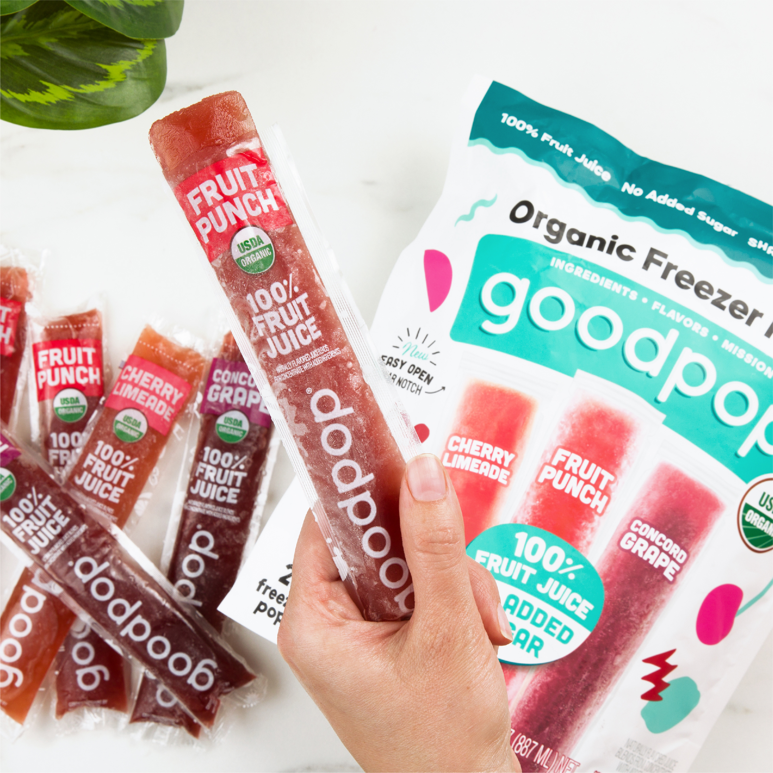 Woman holds an organic Fruit Punch freezer pop from GoodPop