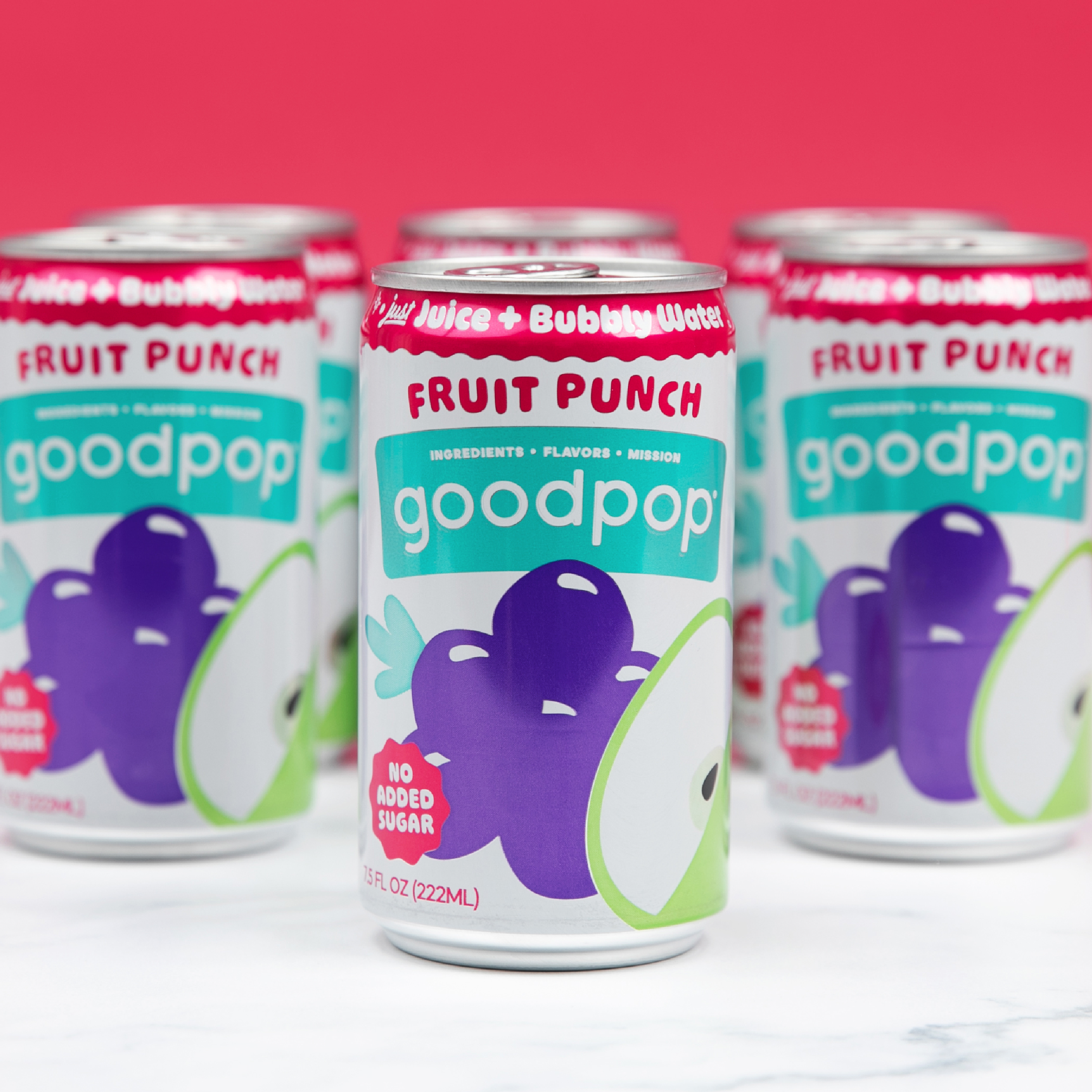 Rows of GoodPop Fruit Punch Mini Cans with fuchsia background