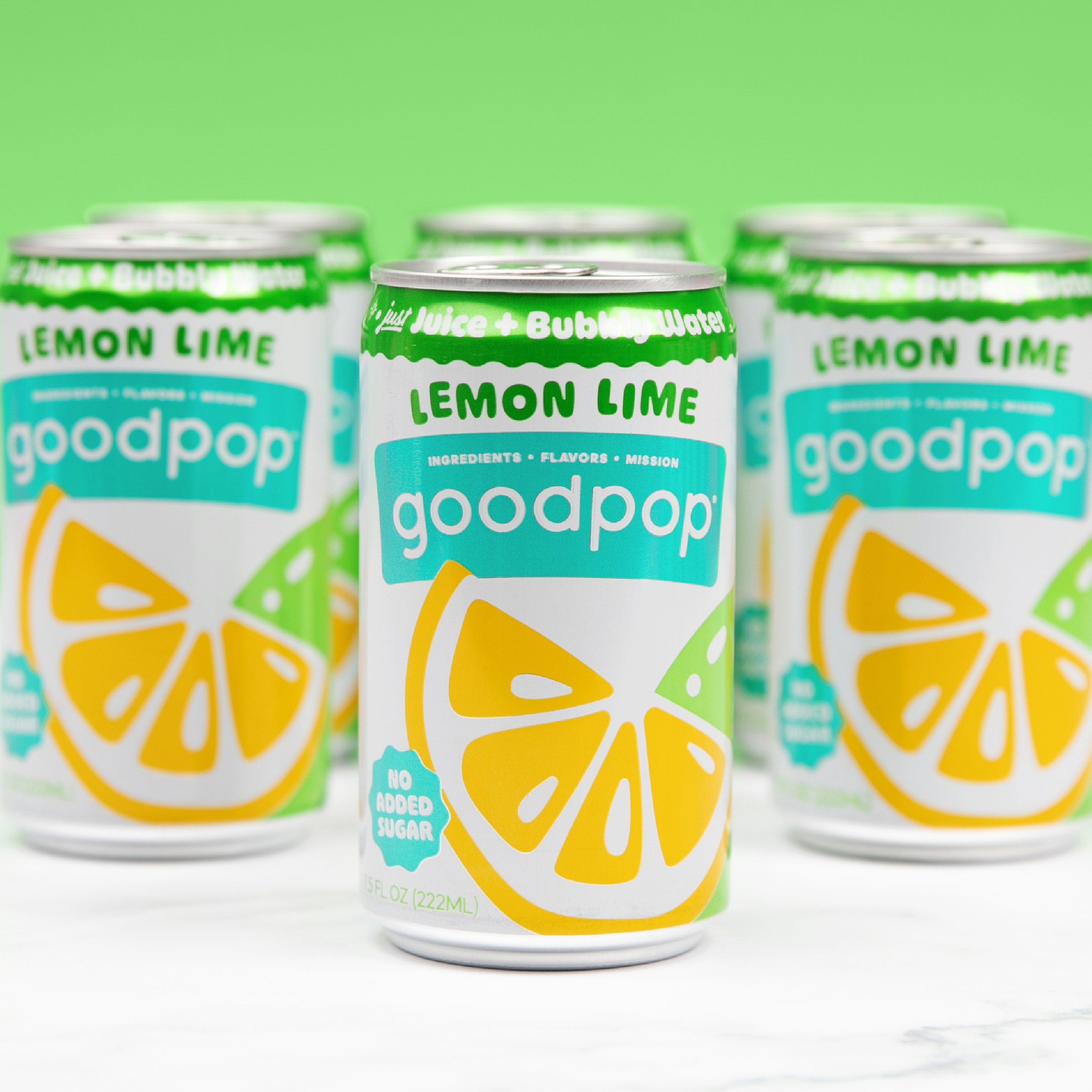 Rows of GoodPop Lemon Lime Mini Cans with bright green background