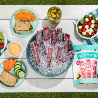 GoodPop Freezer Pops sit in a bucket of ice on top of a picnic table surrounded by other healthy foods and snacks