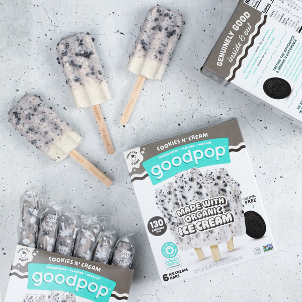 GoodPop Cookies n' Cream ice cream bars displayed on countertop