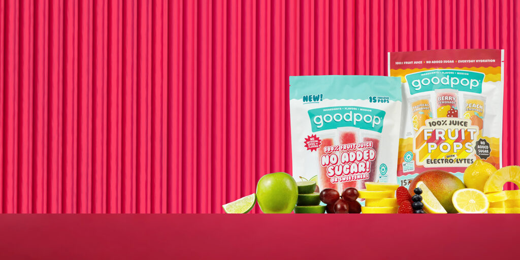 GoodPop Assorted Freezer Pops and Electrolyte Freezer Pops with fruit in front